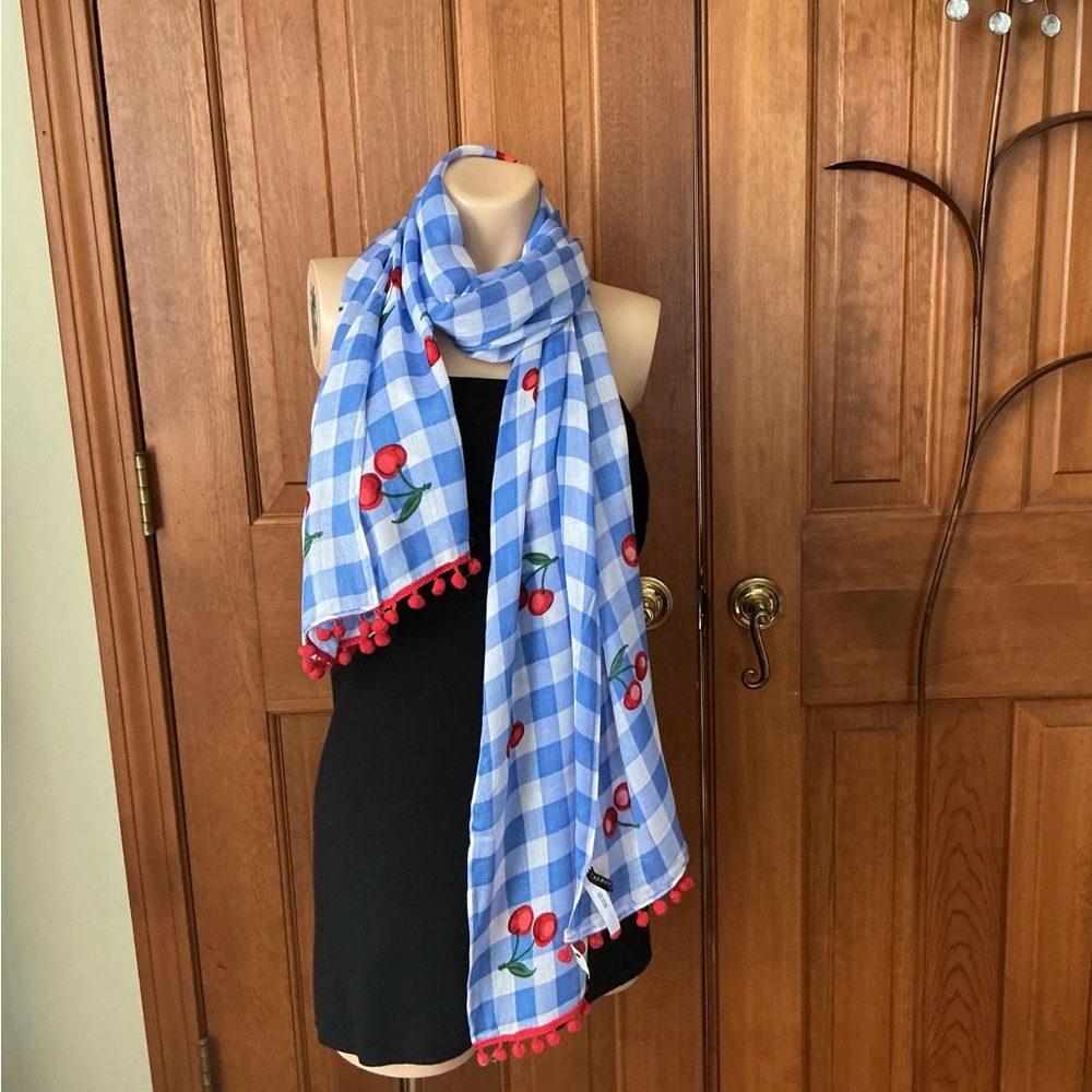 Talbots Blue and Red Cherry Checkered Scarf